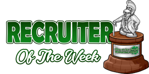 The logo for the Recruiter of the Week logo. "Recruiter" is written in all-caps green letters, with "Of The Week" in white cursive letters underneath. On the right side is a silver trophy of a penguin wearing a variation of the ACP uniform.